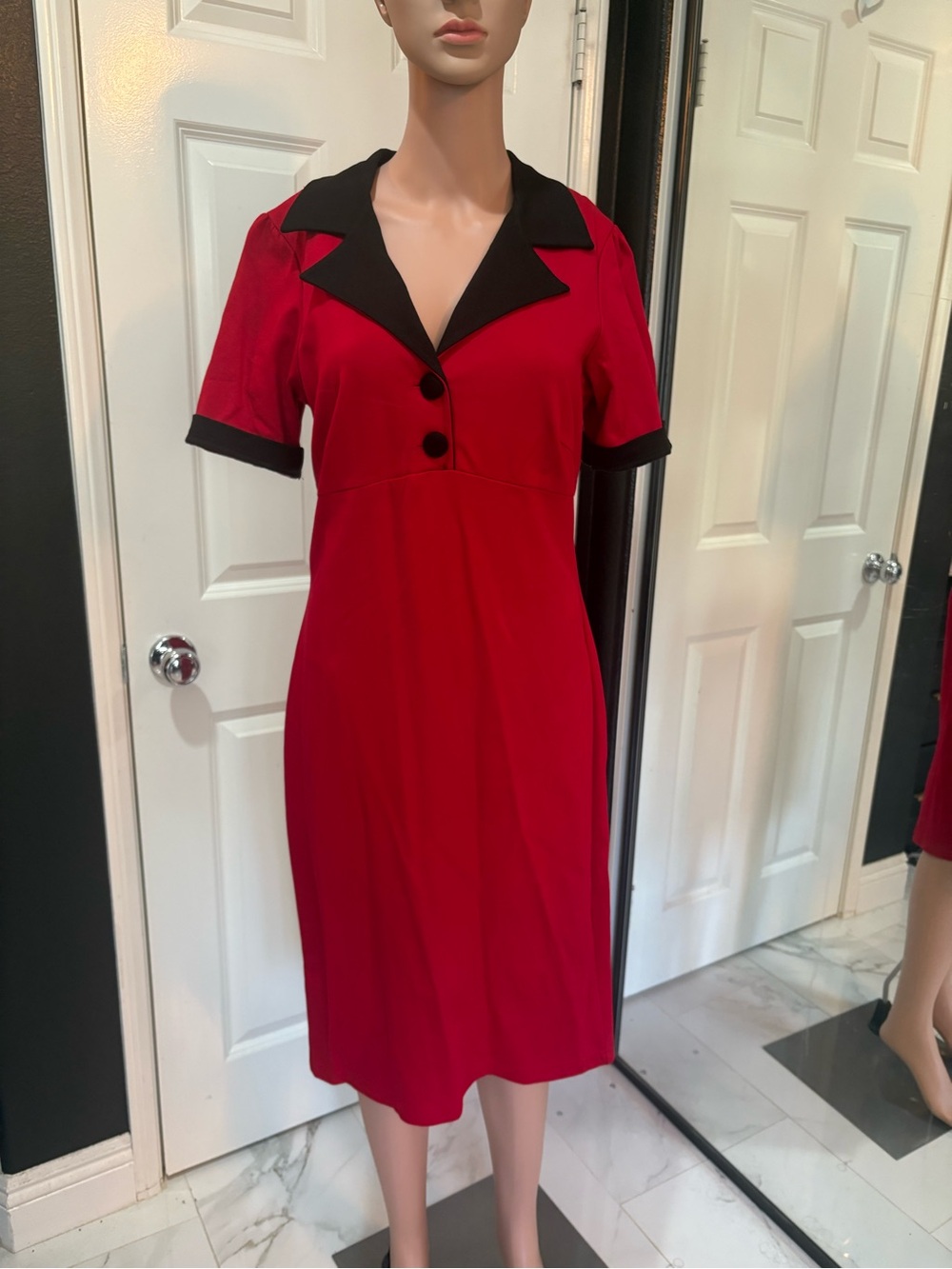 Pinup rockabilly RockSteady Red Midi Dress with Black Collar